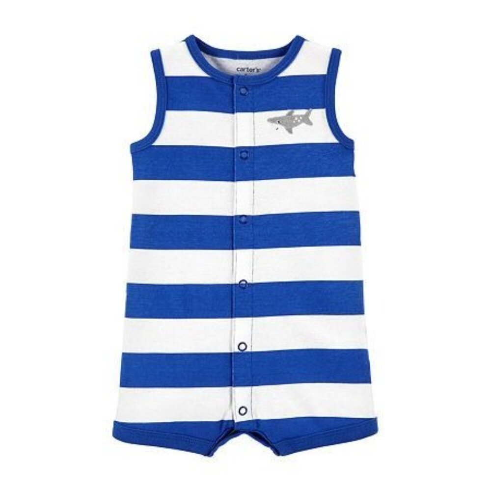 Carters Newborn Shark Striped Sleeveless Romper Blue/White Cotton Summer Outfit